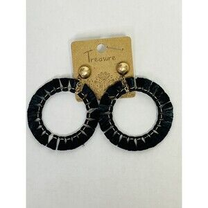Treasure Black Earrings Hoop Goldtone Raffia Fan DFE0005